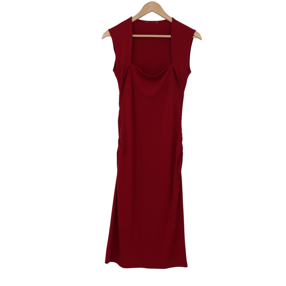 Sleeveless Ruched Midi Sheath Dress Burgundy Red Cowl Square Neck Size M - Picture 2 of 4